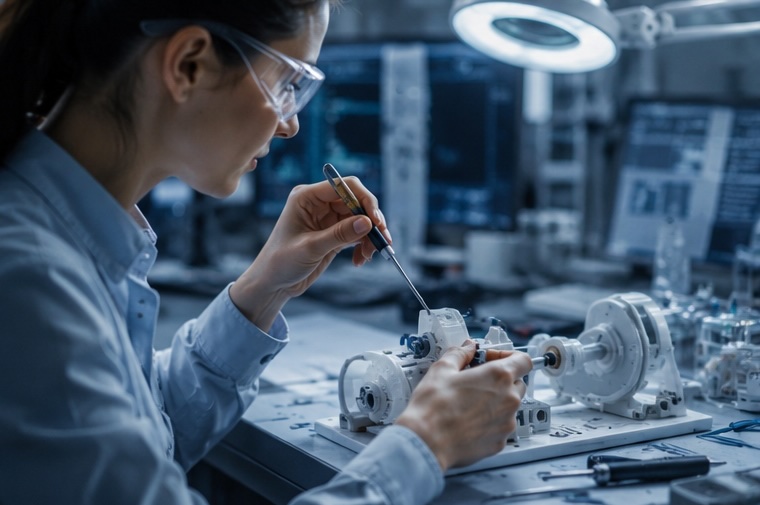 Engineer in safety glasses assembling a mechanical prototype at a workstation