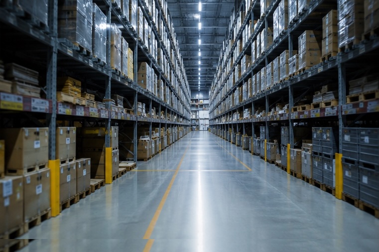 Long warehouse aisle lined with high industrial shelving racks of stacked inventory
